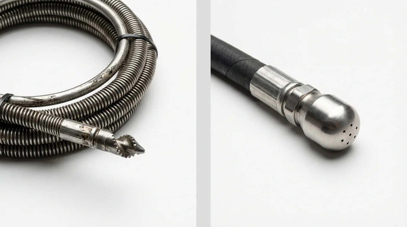 Drain snake cable and hydro jetting nozzle used for drain cleaning in Newport, OH