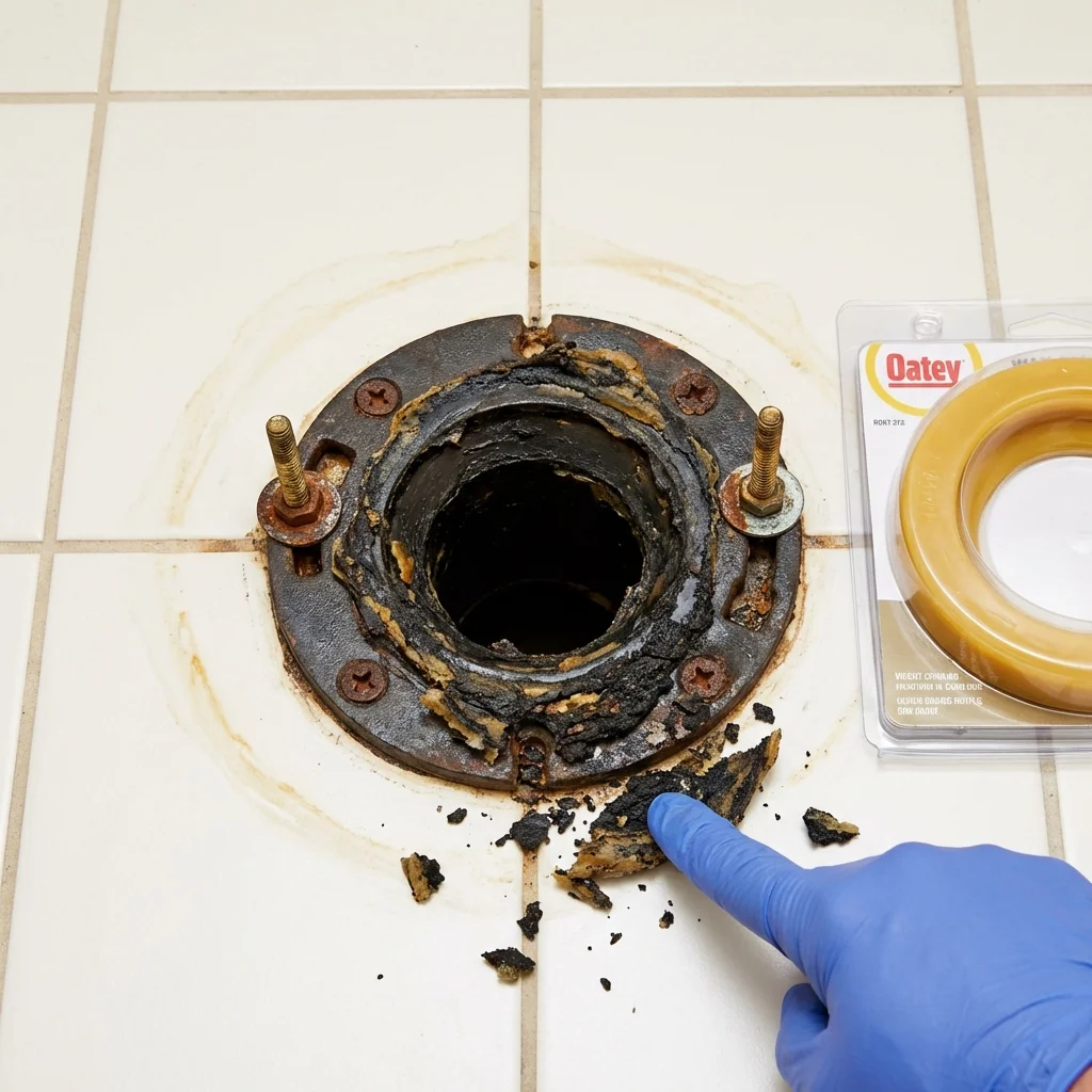 Failed wax ring showing water seepage at the base of a toilet in a Newport, OH home