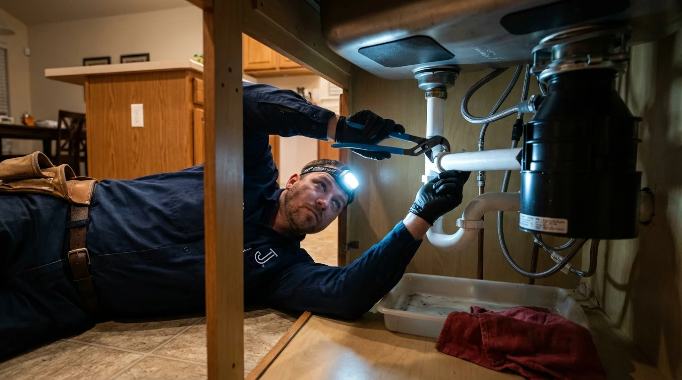 P-trap and supply line connections under a kitchen sink showing a common leak point in Newport, OH